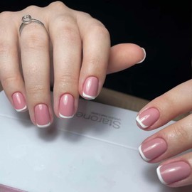 24PCS French Tip False Nails - Pink Short False Nails - Nails French Tip Glossy Full Cover with Glue Stick on Nails - Long Lasting Nail Art Home DIY Press on N/ails Gifts for Women