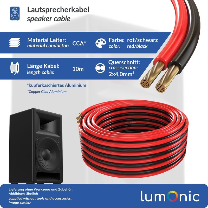Lumonic Lautsprecherkabel | 10m Rot Schwarz | 2X 4mm² CCA