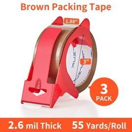 JARLINK 3 Rolls Brown Packing Tape with Dispenser, Heavy Duty Packaging Tape Refills for Shipping Packaging Mailing, 2.6mil Thick, 1.88 inches Wide, 55 Yards Per Roll, 165 Total Yards
