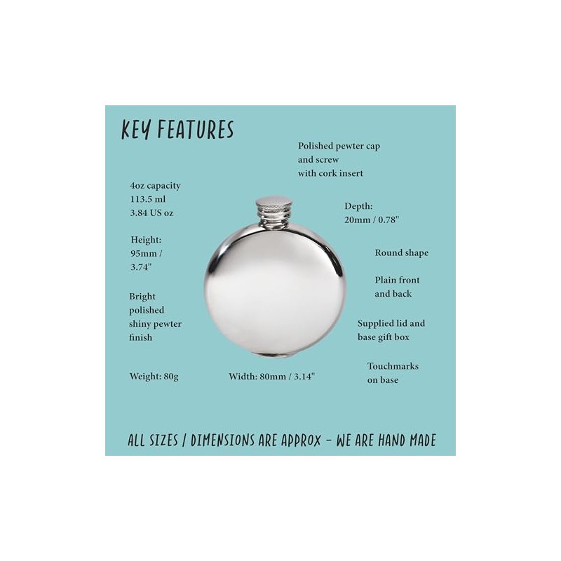 Wentworth Polished Round Pewter Pewter Bottle 4oz Capacity, Spirit Bottle