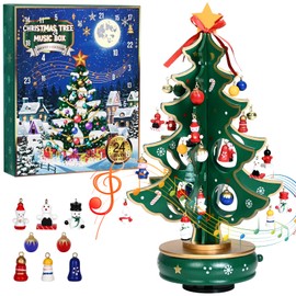 Uspring Christmas 24 Days Countdown Advent Calendar 2024, Musical Wooden Christmas Tree with Classic Music Box and 36 Pcs Snowman Santa Ornaments, Christmas Gift for Girls, Boys, Adults (Green)
