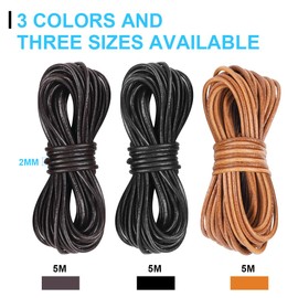 AUAUY 3 Rolls 5M X 2MM Leather Cords, Cowhide Round Leather String for Jewellery Making, Black, Dark Brown, Natural Brown Leather String Cord for Necklaces, Bracelets, Dreamcatcher Making DIY Crafts
