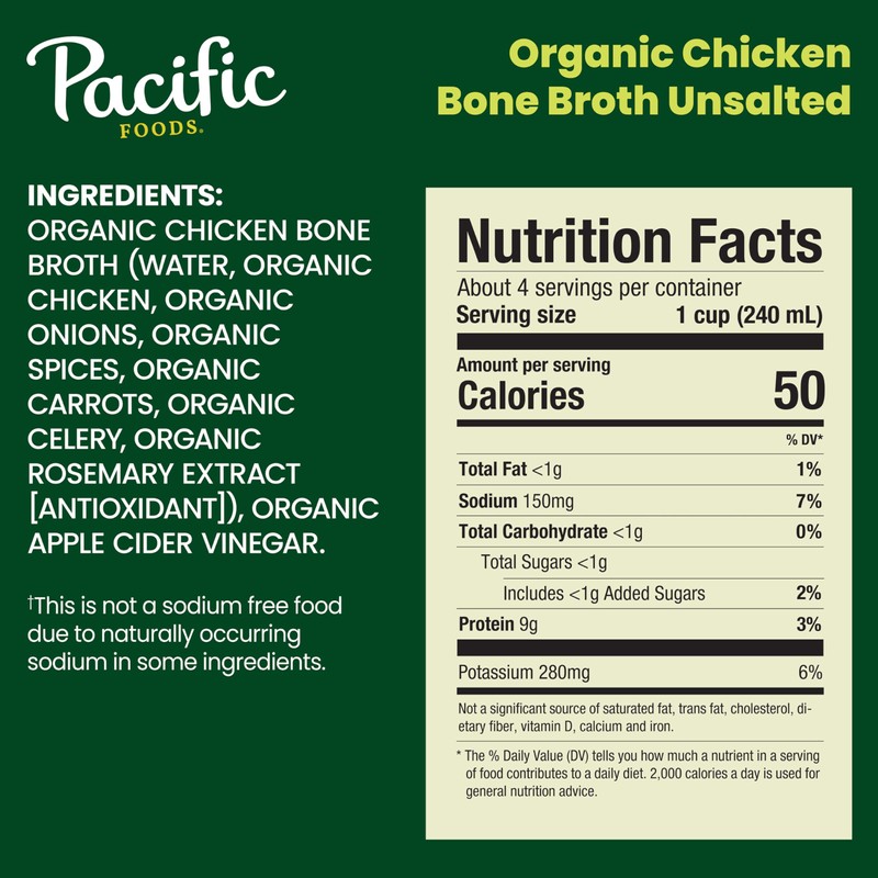 Pacific Foods Organic Unsalted Chicken Bone Broth, 32 oz Carton