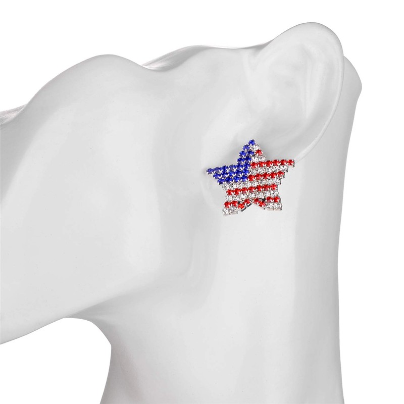Lux Accessories Red Blue Rhinestones American Star Silver Stud Earrings