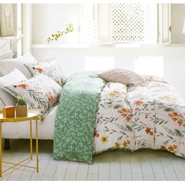 SLEEPBELLA King Size Comforter Set Yellow Flowers & Green Botanical Pattern Printed on White 100% Cotton Fabric, Ultra Soft Microfiber Inner Fill 3Pcs Bedding Set