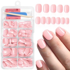 Bellelfin 240Pcs Short Press on Nails Pink Nails Press on, Full Cover Acrylic Glue on Nails Artificial Press in False Nail for Women Girls Fingernails Design