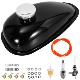 RUTU Upgrade Metal Gas Tank for Mini Bike with Cap Spark Plug Petcock Fuel Line Filter for 2 stroke 49cc 50cc 60cc 66cc 80cc Engine Motorized Bicycle (2L/0.53Gallons)