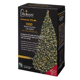 Roman Lights Superbright LED USB 1000L Warm White 84 ft, Green Cord Light Set, 10 Function Controller, 8 on/16 Off Timer, String, Perfect for Lighting Trees, Railings and More