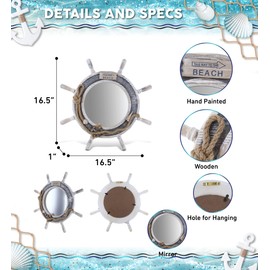 CoTa Global Silver Sea Beach Wall Decor Nautical Ship Wheel Mirror - Handcrafted Wooden Ship Wheel Mirror with Hanger, Nautical Themed Home Decor, Decorative Ornament