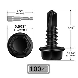 100 PCS #14 x 3/4" Sheet Metal Screws, Black Hex Washer Head Self Drilling Screw, Flanged Hex Self Tapping Screws, 410 Stainless Steel, Hex Bit Socket Included