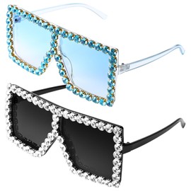 Weewooday 2 Pairs Oversized Square Crystal Sunglasses Flat Top Sunglasses Retro Thick Frame Bling Glasses for Women Men (Black,Blue)