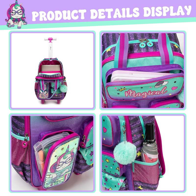 Inprof Unicorn Rolling Backpack for Girls, Wheels Backpacks for Elementary
