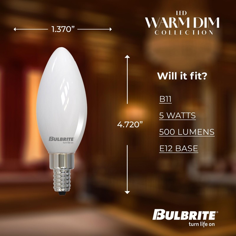 5 Watt LED B11 Light Bulbs, Warm Dimming 3000K (Soft