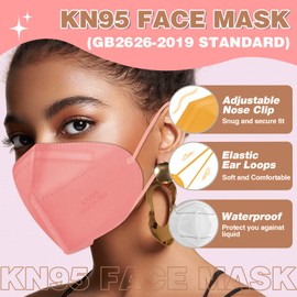 XDX KN95 Face Masks, 60PCS Individually Wrapped KN95 Pink Masks for Adults, 5 Layer Breathable Masks Disposable with Designs, Filter Efficiency ≥95%, Dusty Rose