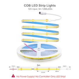ALITOVE COB LED Strip Cool White 6000 K 252 LEDs/m LED Strip 5 m 12 V DC 8 mm Wide Not Waterproof IP30 for Bedroom Living Room Kitchen Decoration without Power Supply and Dimmer