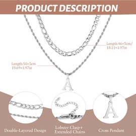 APMGONT Men's Initial Necklace, Stainless Steel Silver Figaro Chain Twist Rope Link Chain with A-Z Letter Chain Necklace for Men Dad Boyfriend Birthday Father's Day Gift, Stainless Steel, No Gemstone