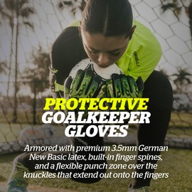 Storelli Lightning Goalkeeper Gloves, High-Impact Hand Protection With 5 Built-In Finger Spines, German New Basic Latex, Wrist Strap, Extended Cuff, Youth & Adults, Unisex, 1 Pair, Green Storm, Size 8