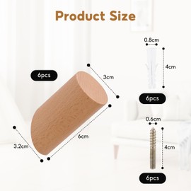 YWKJDDM Wooden Coat Hooks, 6 Pcs Wall Hooks for Hanging, Decorative Wall Mounted Coat Rack Wooden Coat Hooks Wall Mounted for Hanging Clothes Hat Towel (3x6cm)