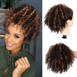 kinky Curly Drawstring Ponytail Extension for Black Women Short Afro kinky Curly Highlight Brown Ponytail Extension Synthetic Messy Bun Hair Piece Kinky Afro Drawstring Fluffy Hair (Brown Mix Blonde)