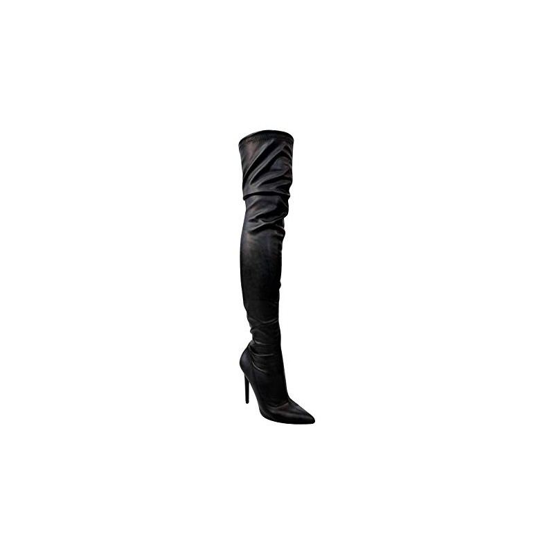 Liliana Gisele-50 BLACK Leather Stretchy Thigh High Pointy Stiletto Heel
