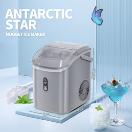 Antarctic Star Nugget Countertop Ice Maker with Soft Chewable Ice, 34Lbs/24H, Pebble Portable Ice Machine with Ice Scoop, Self-Cleaning, One Button Operation, for Kitchen,Office Grey