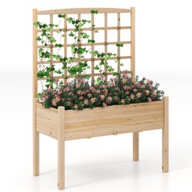 Giantex Raised Garden Bed with Trellis, Wooden Elevated Planter Box with Legs, Drainage Holes for Climbing Plants Vines Vegetables Flowers Herbs, Outdoor Horticulture Planter for Patio Yard (Natural)