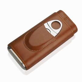 3-Finger Leather Cigar Case with Cutter Cedar Wood Lined Cigar Humidor Portable Travel Cigar Case