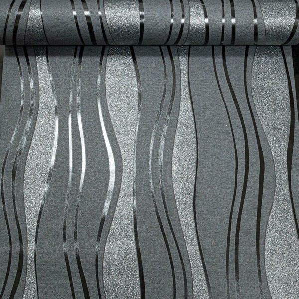 SOPHIE LAURENCE Modern Vinyl Wave Stripe Charcoal Grey Black Glitter