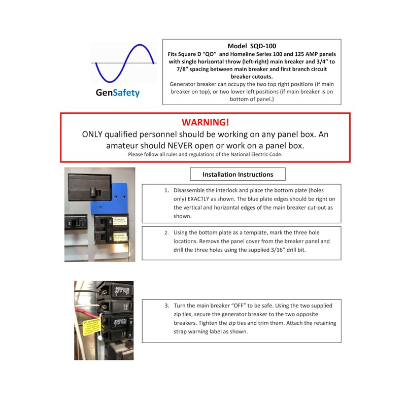 GenSafety Generator Interlock Kit SQD100A for Square D Homeline 100