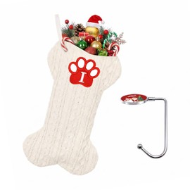 Dog Stocking with Initials，Bone Christmas Stocking with Letters,Large Knit Embroidered Monogram Christmas Stocking for Dogs Cats,Xmas Stockings for Pets White I
