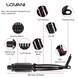 LOVANI Mini Travel Curling Iron Brush 3/4 Inch, Small Curling Brush for Short Hair, Bangs & Fine Hair, Portable Anti-Scald Hot Curler, Dual Voltage with Travel Bag