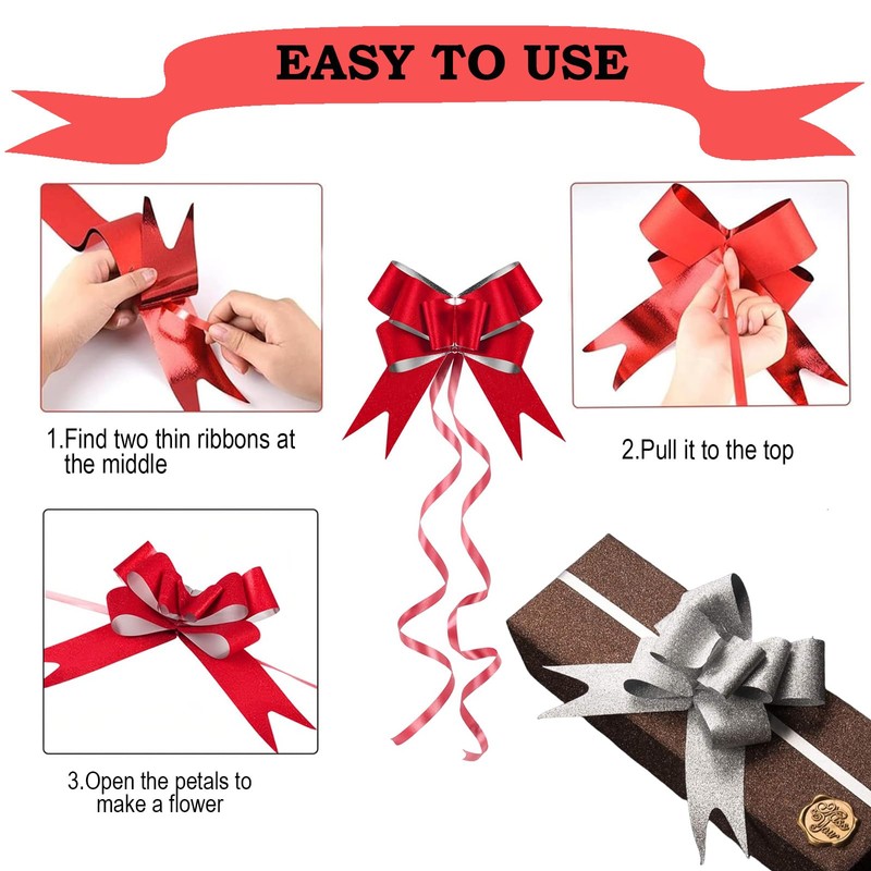 Red Pull Bows,40P Glitter Bows Christmas Pull Bows Red Pulled