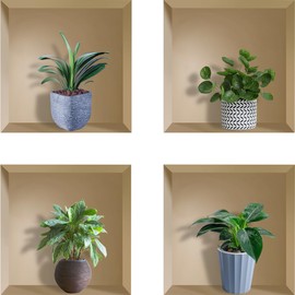 3D Green Potted Plants Wall Stickers, Botanical Leaves Wall Decal, Creative Adhesive DIY Vinyl Removable Magic Pictures Wallpaper Mural for Living Room Kitchen,Set of4