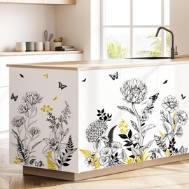 Black Yellow Flower Wall Decals Sketch Garden Floral Wall Stickers Simple Line Art Wildflower Yellow Grass Butterflies Wall Art Decor for Bedroom Living Room Sofa TV Backdrop