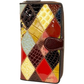 FashionBerry Luxury Multi-Color Stitchwork Patchwork Genuine Leather Large Capacity Wallet with Round Zipper, Colorful Rhombus