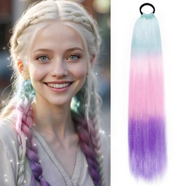 Pferdeschwanz-Extensions zum Flechten, 66 cm langes, gefärbtes Ombré-Kunsthaar mit Haargummi, Festival-Party-Haarteil (32 Stück)