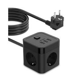 JSVER Steckdosenleiste USB, Mehrfachsteckdose Powercube überspannungsschutz 3 Fach mit 3 USB Steckdosenwürfel Schreibtisch 3680W/16A mit Schalter für Büro,zu Hause oder auf Reisen 5M Kabel-Schwarz