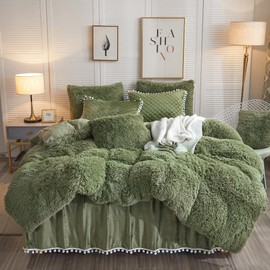 LIFEREVO Luxury Plush Shaggy Duvet Cover Set, Soft Fluffy Furry Duvet Cover Set(1 Faux Fur Fuzzy Comforter Cover+2 Pom Poms Velvet Pillowcases)Solid Bedding Set, Zipper Closure(Full/Queen, Sage Green)