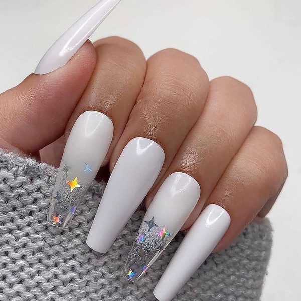 White False Nail 24 Pieces Extra Long Shiny Coffin Ballerina Press on the Nail Artificial Nail Tips with Full Cover for Women and Teenage Girls