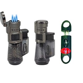 Vertigo by Lotus Cyclone Triple Torch Cigar Lighter Charcoal 2 Pack with FESS 62R V Cut Cigar Cutter (Charcoal)