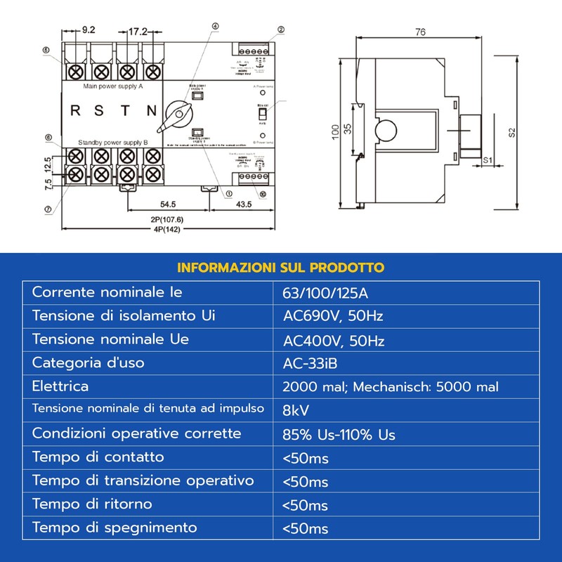 WSPIHO 230 VAC Automatic Switch Emergency Current, 100 A Power