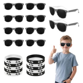 PLUVAVA 20 Pieces Race Car Checkered Sunglasses Flag Wristbands Black White Checker Sunglasses Silicone Flag Bracelets for Racing Theme Checkered Party Favors Summer Pool Beach (20 PCS)