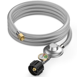 onlyfire 5 Feet Propane Regulator Hose with Propane Tank Gauge, Stainless Steel Braided, QCC1 Propane Adapter Hose Regulator for Burner Stove, Fire Pit, Gas Water Heater, LP Gas Grill