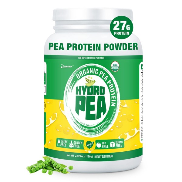 Zammex 100% Pea Protein Powder(Unflavored), 27g Protein Per Serving,Certified USDA Organic,Premium Plant Protein Powder, Vegetarian Friendly, Gluten Free, Non-GMO,No Additives,Easy to Digest,2.62lbs
