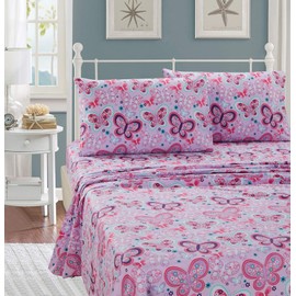 Better Home Style Pink Purple Lavender and Turquoise Blue Girls/Kids/Teens Sheet Set with Butterflies Flowers Floral with Pillowcases Flat and Fitted Sheets # Lavender Butterfly (Full)