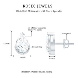 Certified 5X7 mm Pear Moissanite Screw Back Earrings, D-Vs1 Quality, Moissanite Teardrop Silver Earrings - Ready To Gift, 925 Sterling Silver