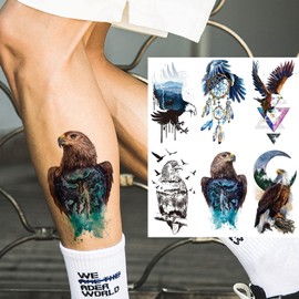 glaryyears 8 Sheets Watercolor White Eagles Animals Temporary Tattoo, Arm Chest Leg Tattoo Sticker for Men Women, Body Art on Back Shoulder Waterproof Large Size