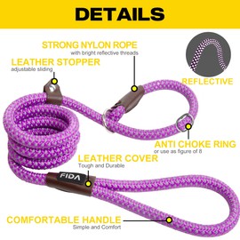 Fida Slip Leads for Dogs, 4 FT x 1/2" Dog Leash Heavy Duty Comfortable Strong Rope Leash for Large, Medium Dogs, No Pull Pet Training Leash with Highly Reflective,Purple