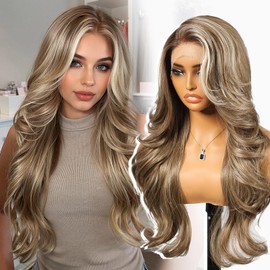 KOME Ash Brown Highlight Synthetic Lace Front Wig,13x4 HD Lace Layered Wave Glueless Wigs for Women Daily Use 26IN