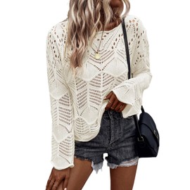 GORGLITTER Damen Strickpullover Elegant Langarm Häkelpullover Lässige Rundhals Pullover Stricken Langarmshirt Gehäkelt Freizeitpullover Herbst Beige M